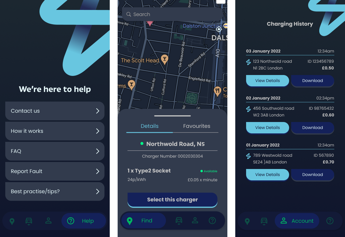 AI Draw customization gallery 3 screens of the chargelight app showing the ev charging process